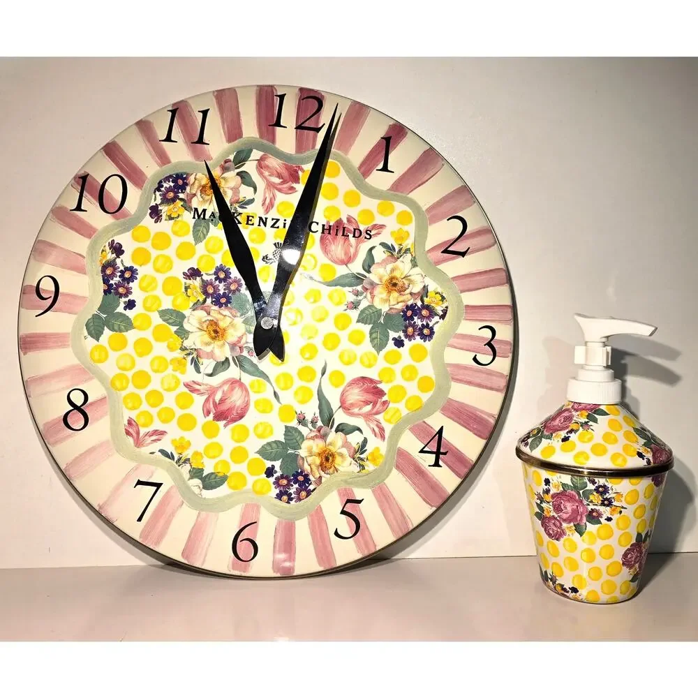 MacKenzie Childs Bathing Hut Butternut Enamel Wall Clock & Soap Dispenser Set